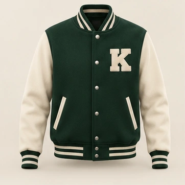 Evergreen Quad Varsity Jacket, Forest Green / Cream, front view