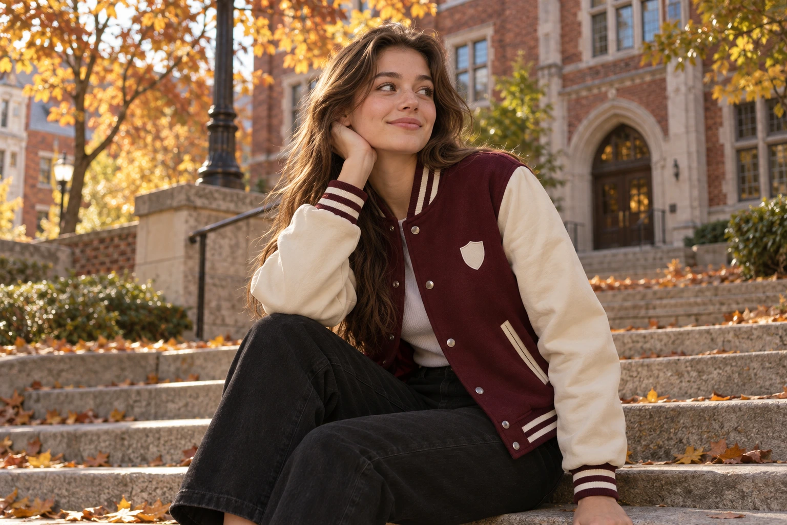 Burgundy and cream Classic jacket with shield appliqué on campus steps