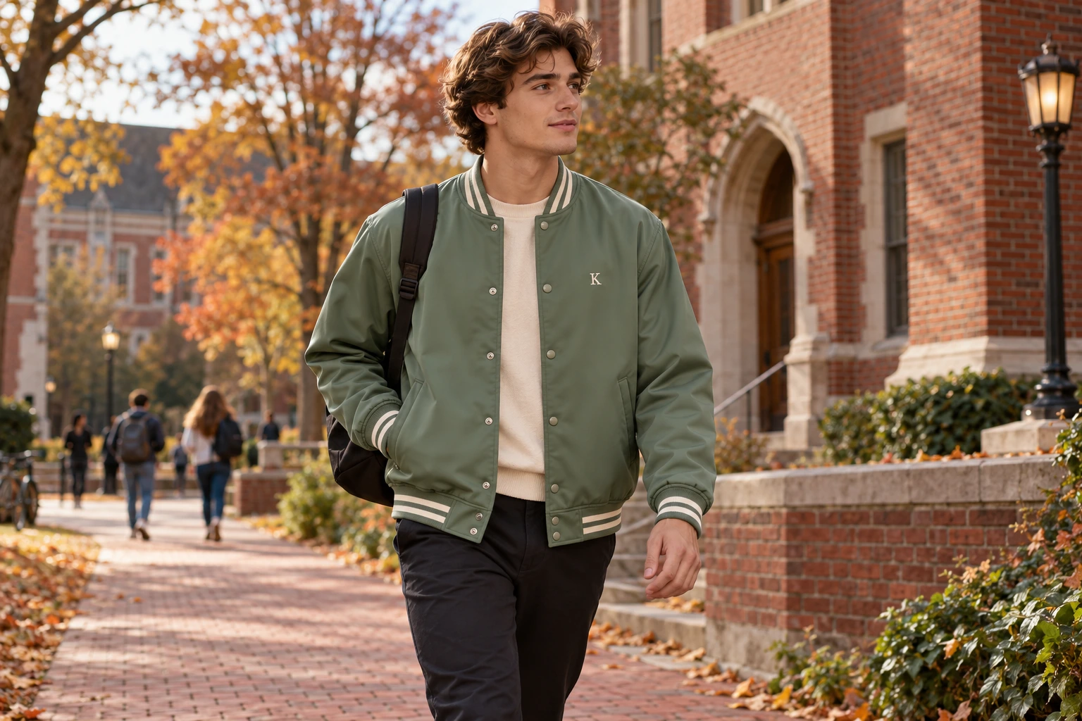 Sage green Lightweight kuraatoor jacket worn on a campus walk